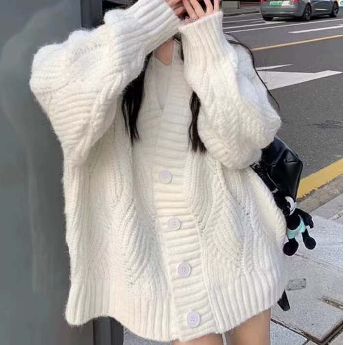 Veste pull pour femme, Cardigan tricoté ample rétro, automne et hiver