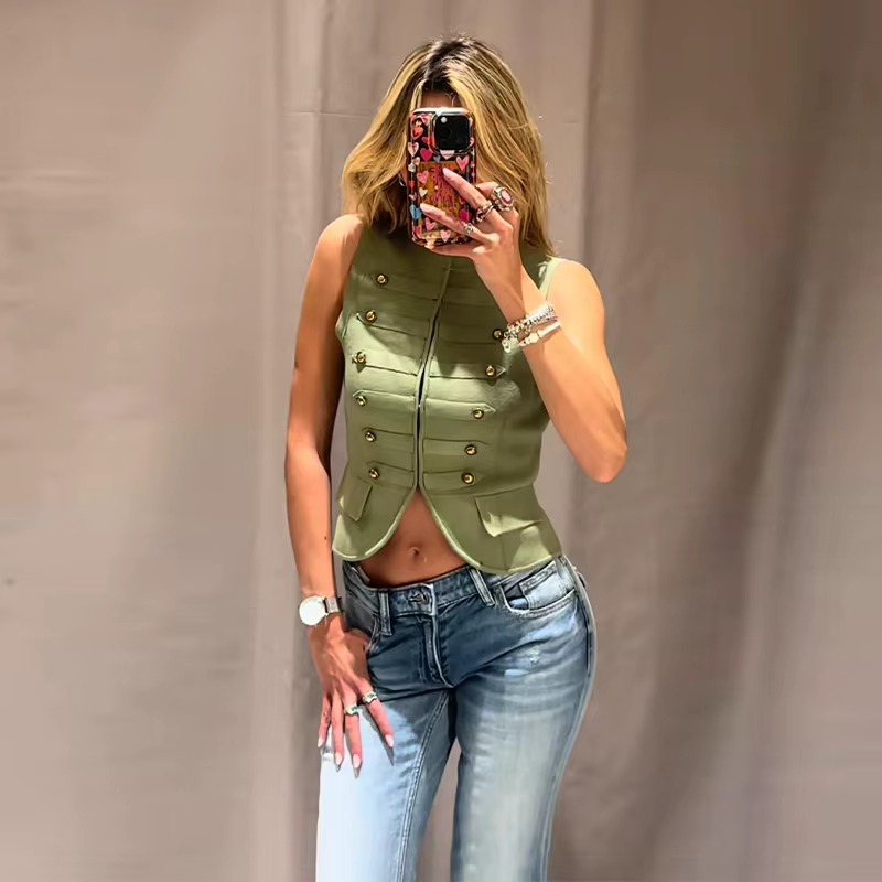 Gilet Vintage Femme Col Montant Style Militaire Sans Manches Boutonné Élégant Pour Femmes Occasions Spéciales Été 2026