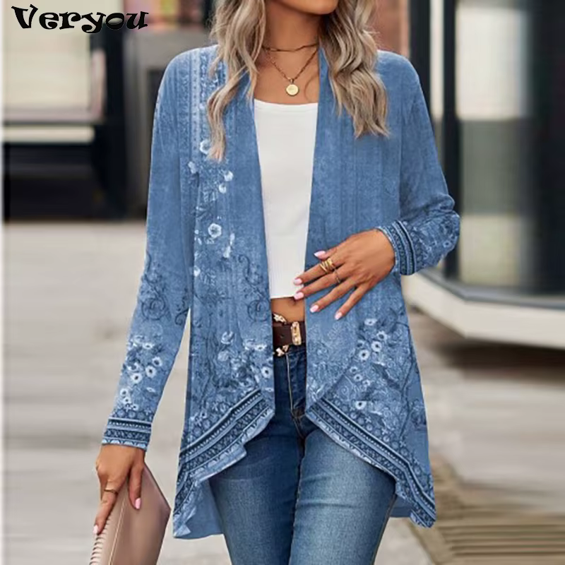 Nouveau Cardigan pour femmes manteaux mode décontracté col rabattu Vintage imprimé vestes