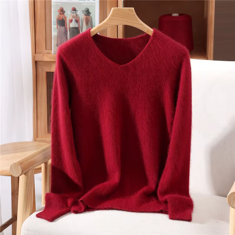 Automne hiver femmes col en v pull 100% pur vison cachemire tricoté