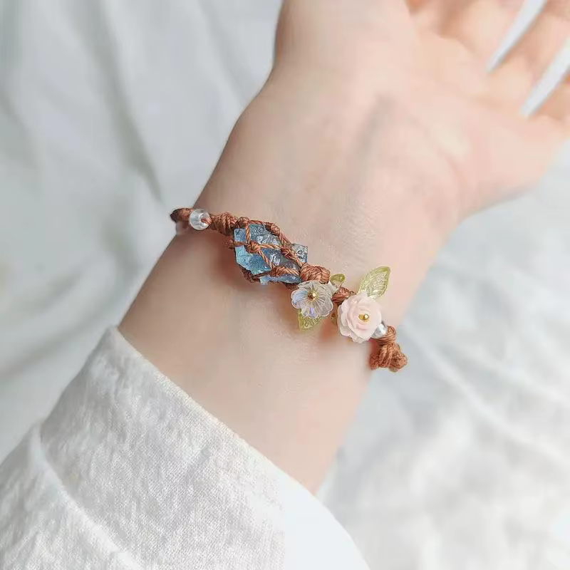 Bracelet ajustable fait main en perles d'aigue-marine, maille de cristal, bijou élégant pour le yoga et le fitness