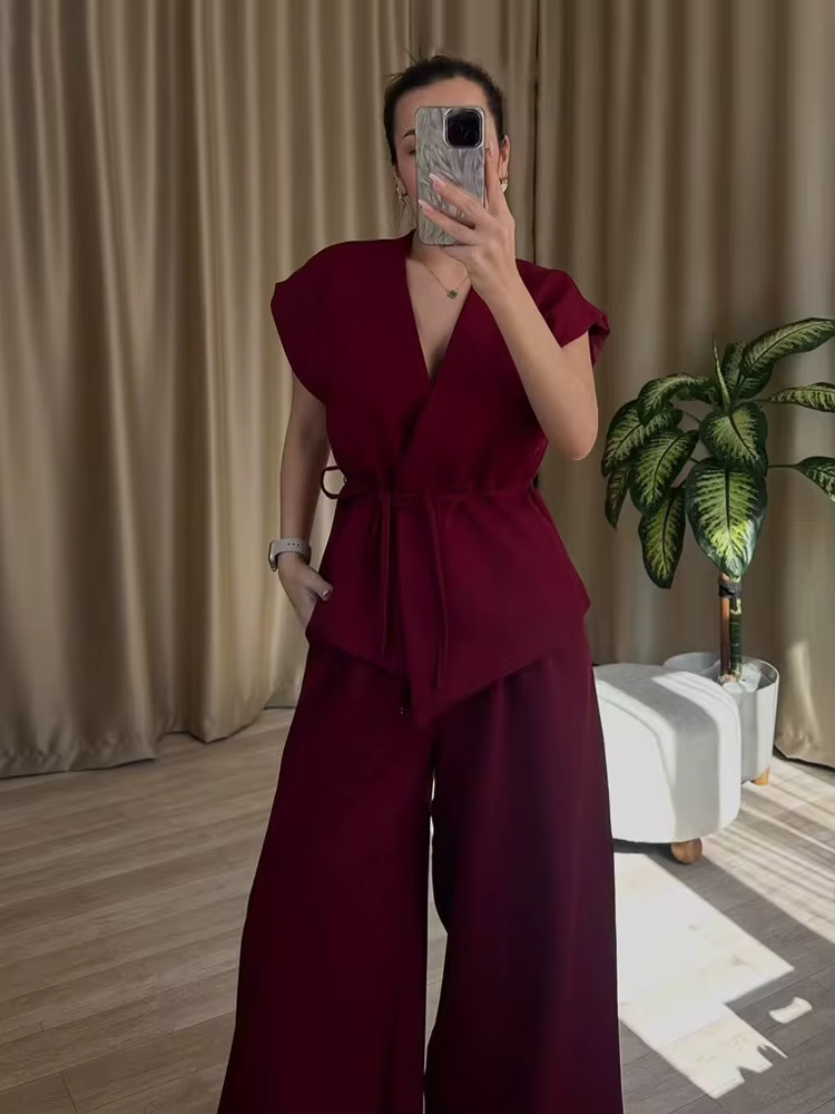HH femmes pantalon costume solide col en v ceinture décorer gilets minces haut + mode taille haute bouton de fermeture éclair décontracté ample jambe large pantalon