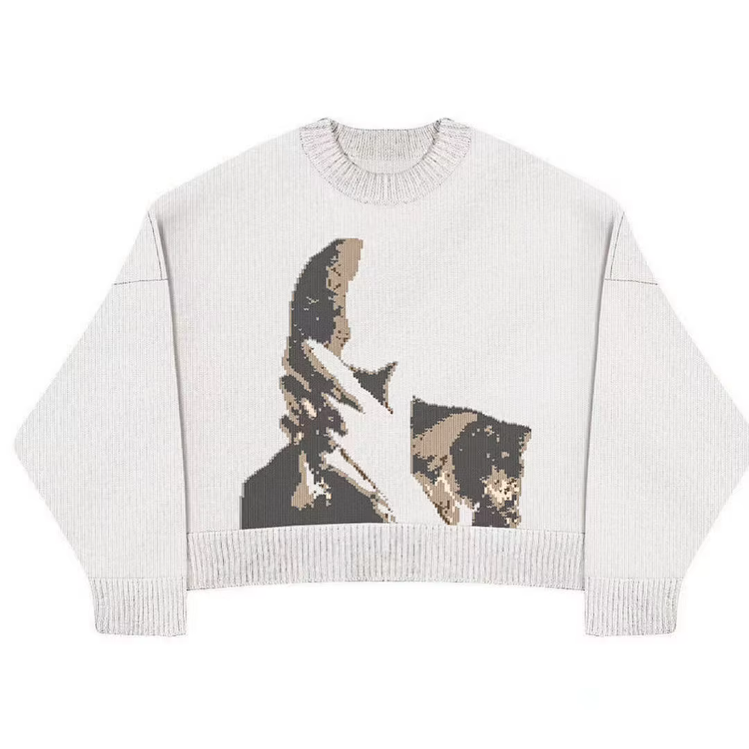 Pull blanc femme motif de caractère nouveau ample rétro pull en tricot ample veste mode femmes pull d'hiver