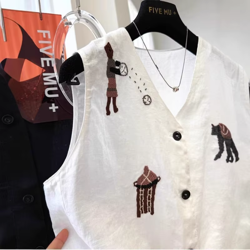 Gilet sans manches en lin brodé motif dessin animé vintage pour femme