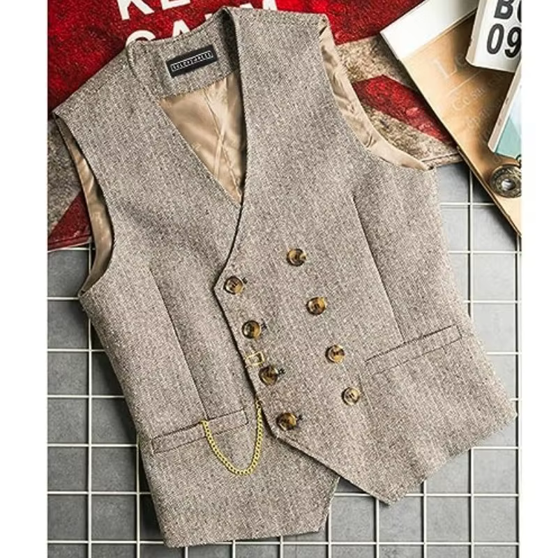 Gilet en mélange à double boutonnage vintage pour hommes, manteau gris imbibé, mariage, banquet GroomTIME