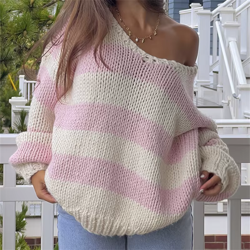 Pull rayé à manches longues et col en V pour femmes
