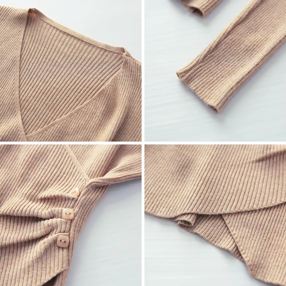 Surplice pull pour femmes pulls en tricot côtelé col en v à manches longues bouton côté plaine