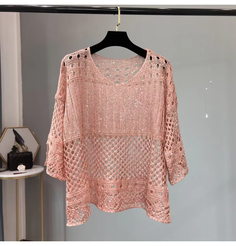 Pull tricoté décontracté à sequins brillants et fil doré