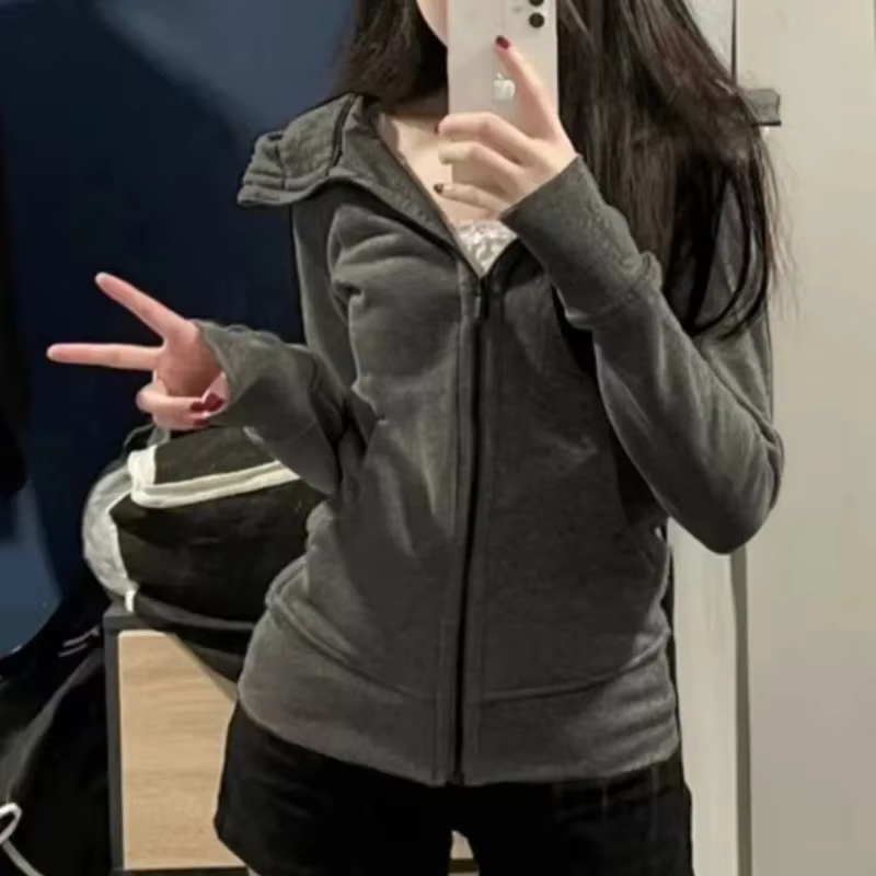 Vestes à capuche monochromes pour femmes, manches longues, fermeture éclair mince, tout match, jeunes filles, vêtements de mode, style coréen, ins, printemps, automne