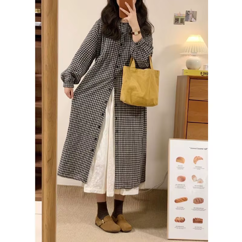 Robe chemise rétro à carreaux à manches longues, nouveau Style d'automne, Style paresseux, robe ample et bloquant la viande