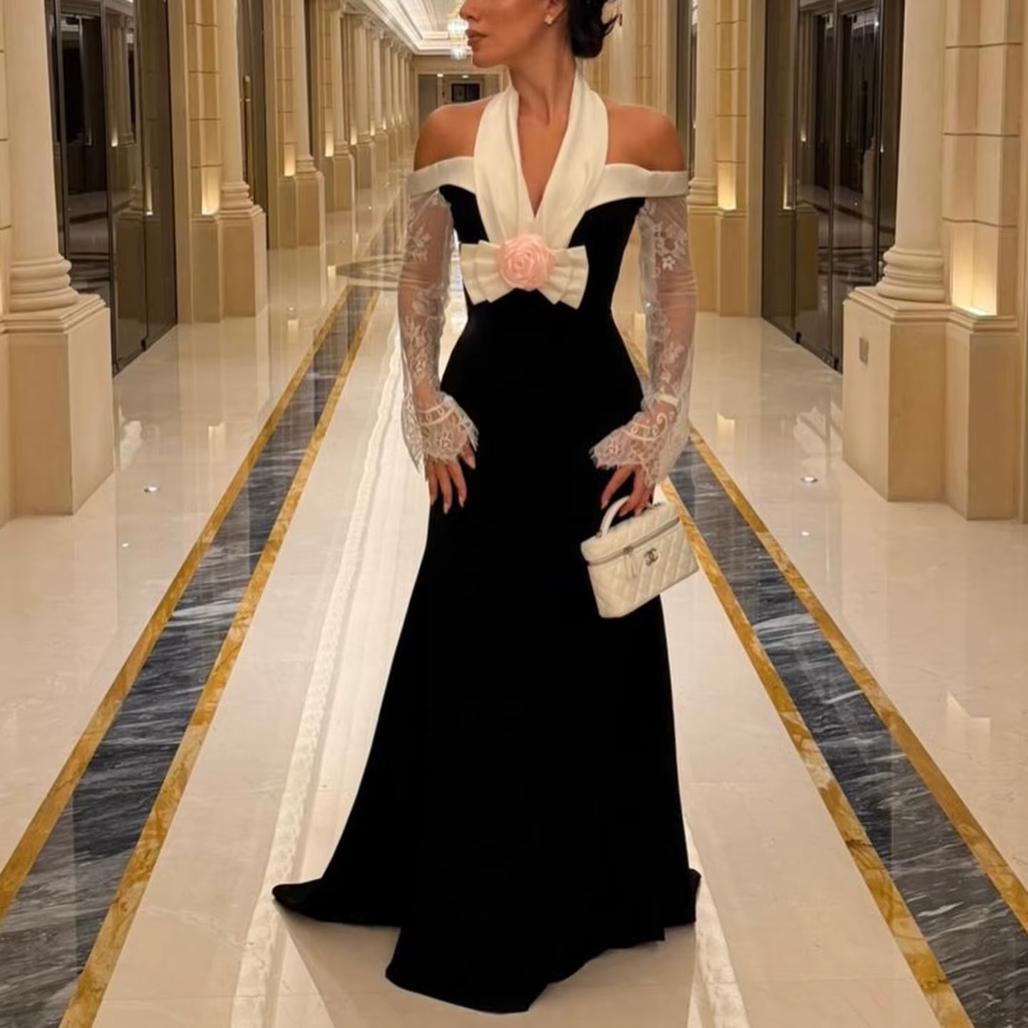 Robe de soirée élégante noire à col en V avec fleurs 3D, manches en dentelle, coupe trapèze, pour bal de promo, soirée formelle, mariage, personnalisable