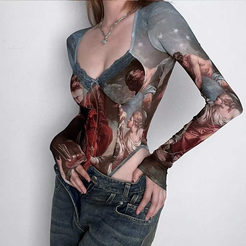 Costumes de batterie en maille à col carré pour femmes, toile vintage, nœud en dentelle imprimé, marron rétro, taille haute, emballage d'Halloween et de Noël