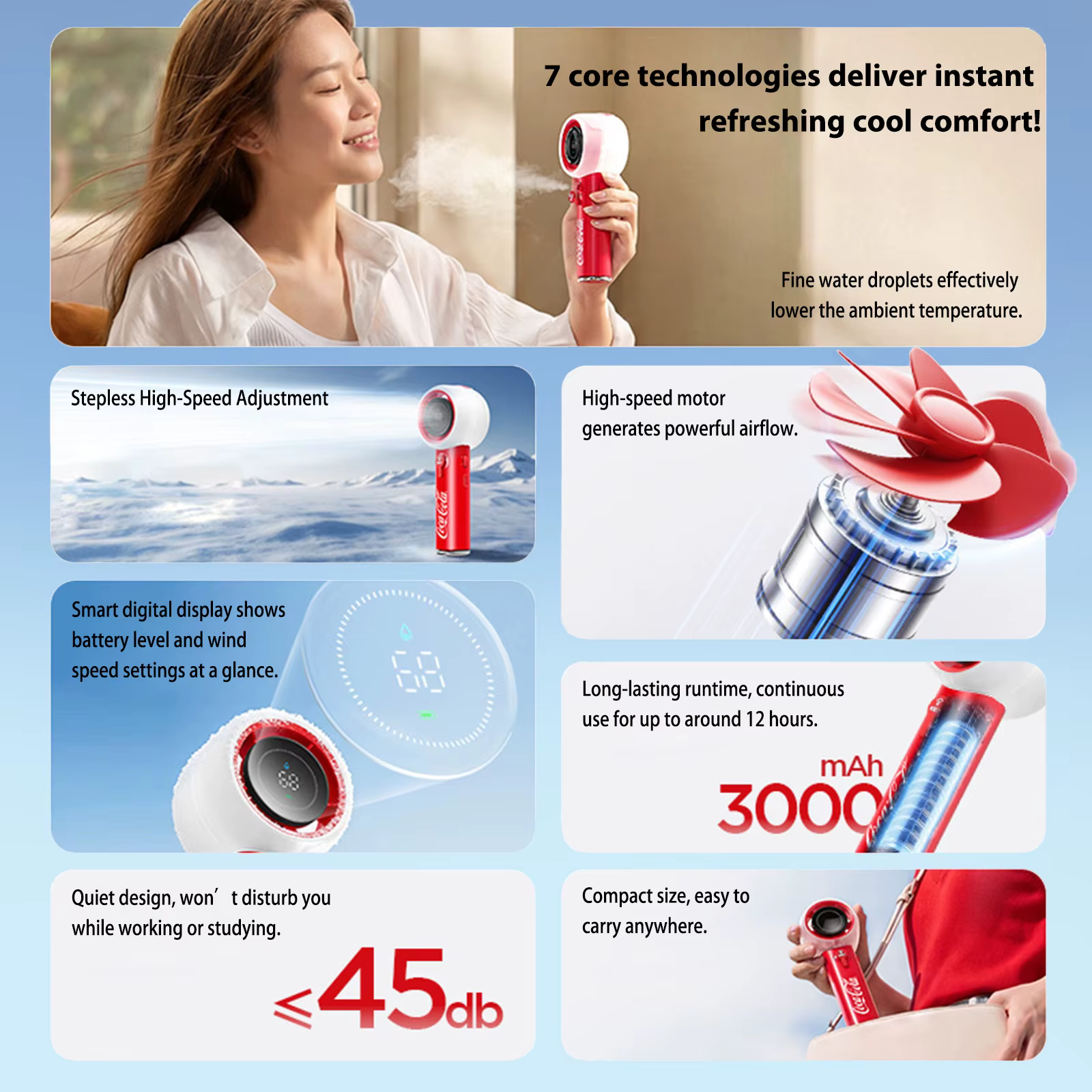 Ventilateur portable à brumisation d'eau Coca-Cola Mini 3000 mAh, 5 vitesses, rechargeable par USB, pour extérieur
