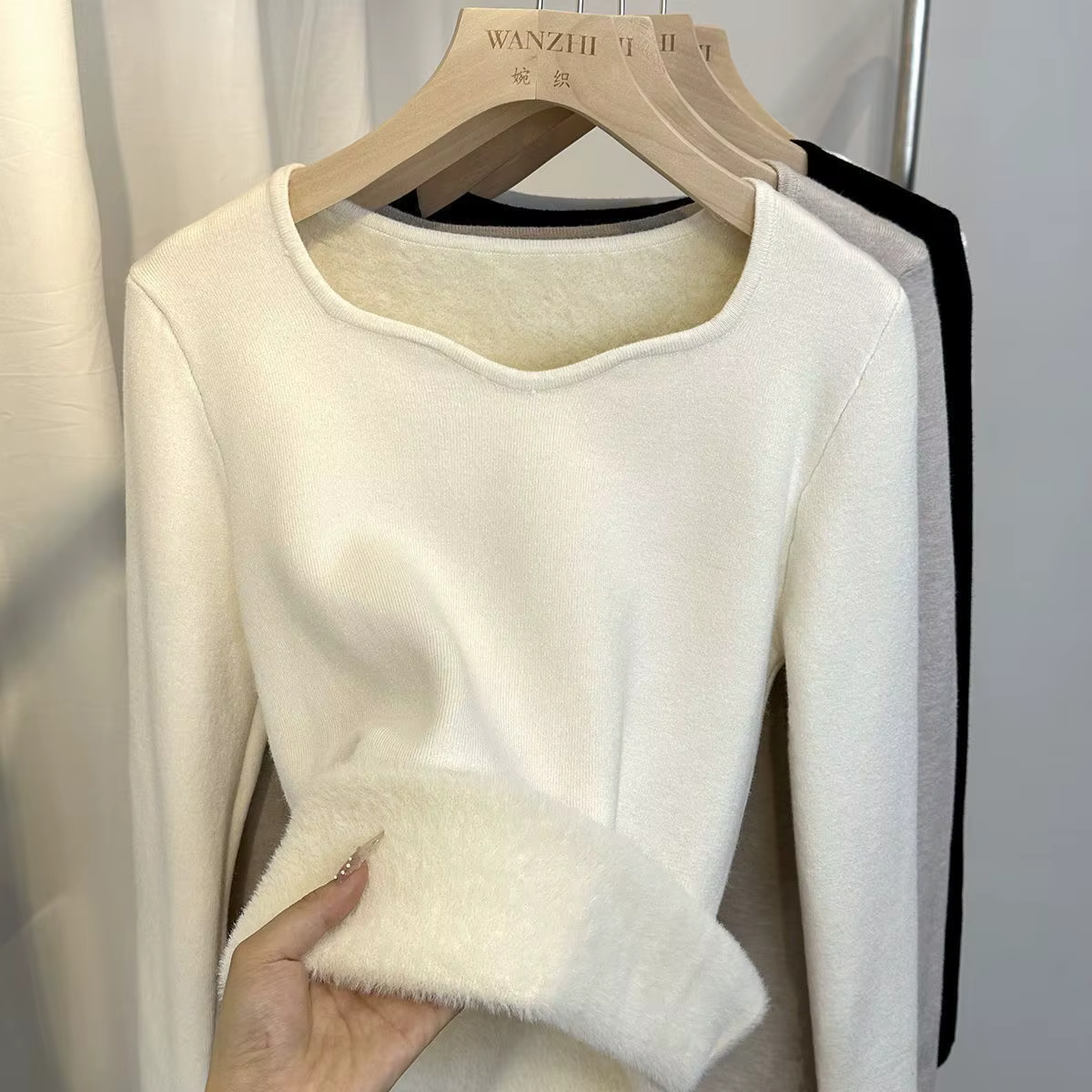 Pull chaud en flanelle à col carré pour femme