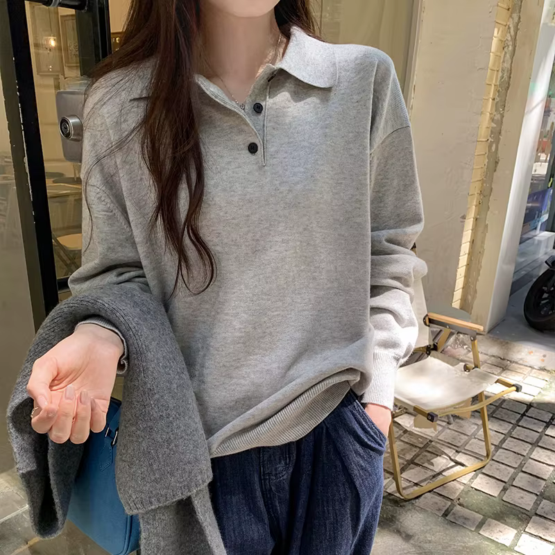 Automne et hiver nouveau élégant couleur unie col Polo tricoté pull collège Style ample décontracté