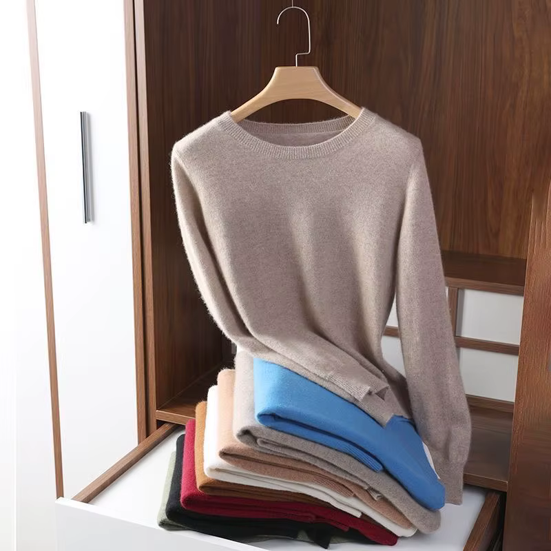 Pull Slim à col rond pour femme, mélange de laine et cachemire, chemise à manches longues en tricot, grande taille, automne et hiver, 2024