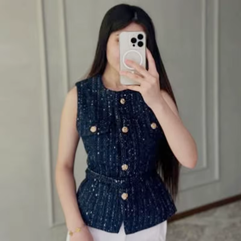 HXAO femmes gilet été 2025 bleu cassé blanc noir