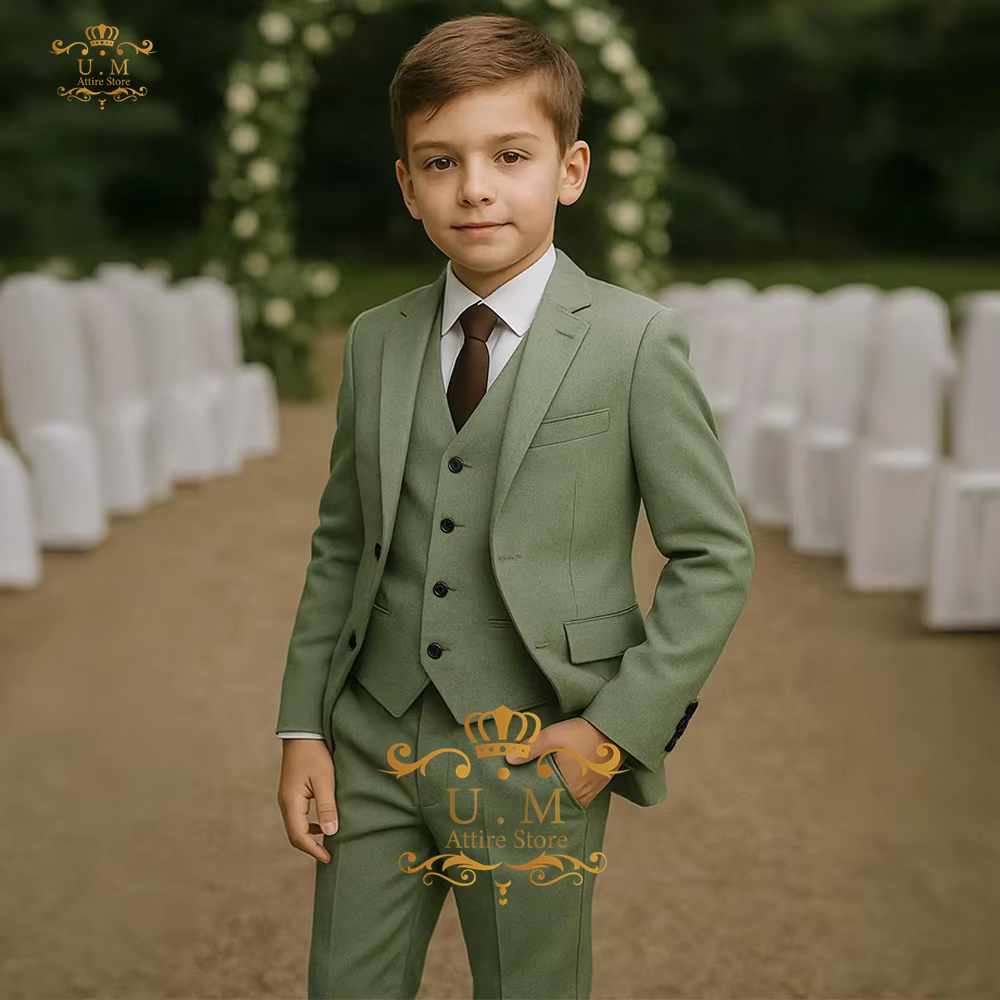 Costume vert sauge élégant pour garçons, ensemble 3 pièces, veste, gilet, pantalon, tenue sur mesure pour mariage, dîner de noël, cadeau de smoking Kis