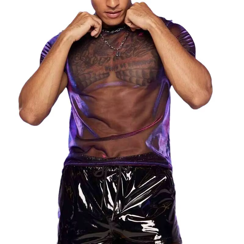 T-shirt en maille transparente brillante pour homme, col rond, manches courtes, haut sexy pour soirée, camisetas, haut transparent pour boîte de nuit, costume, t-shirts