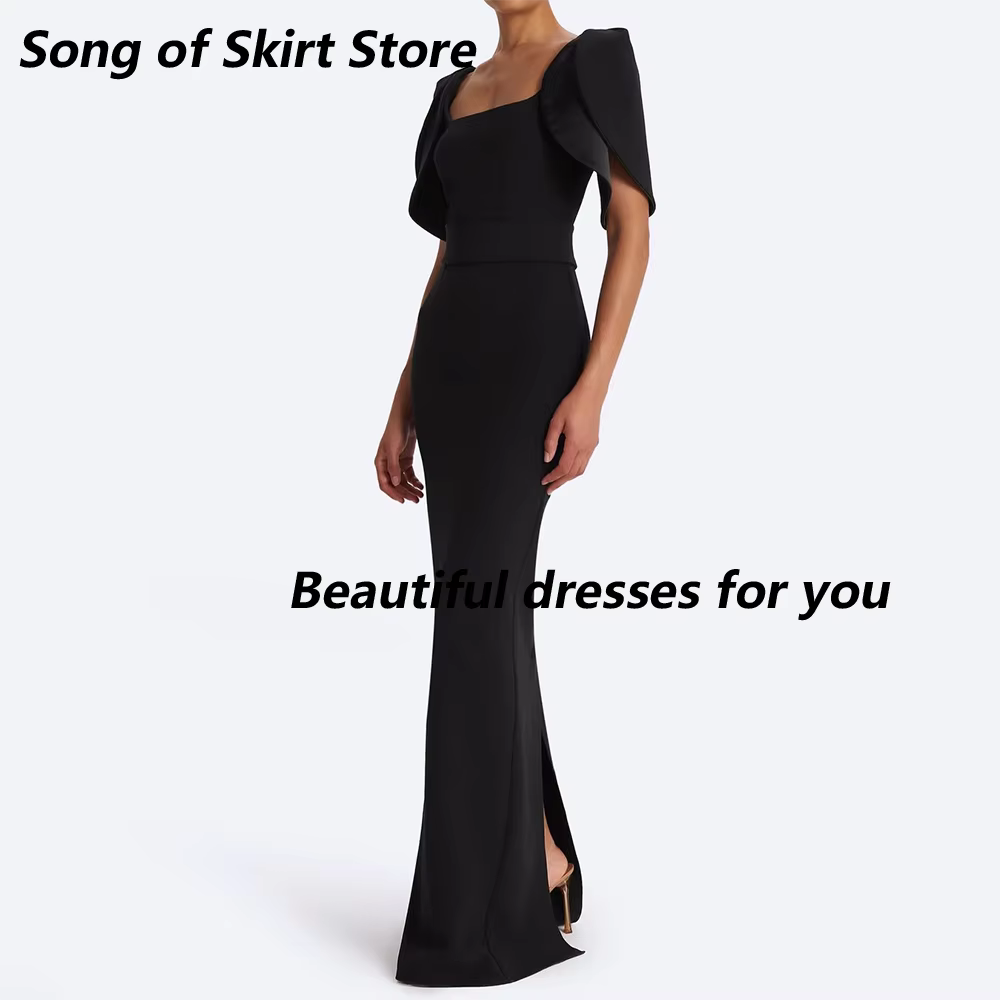 Robe de soirée noire moderne personnalisée, col carré, manches courtes, en jersey, longueur ras du sol, coupe droite, robe de bal avec fente au dos, robes de fête