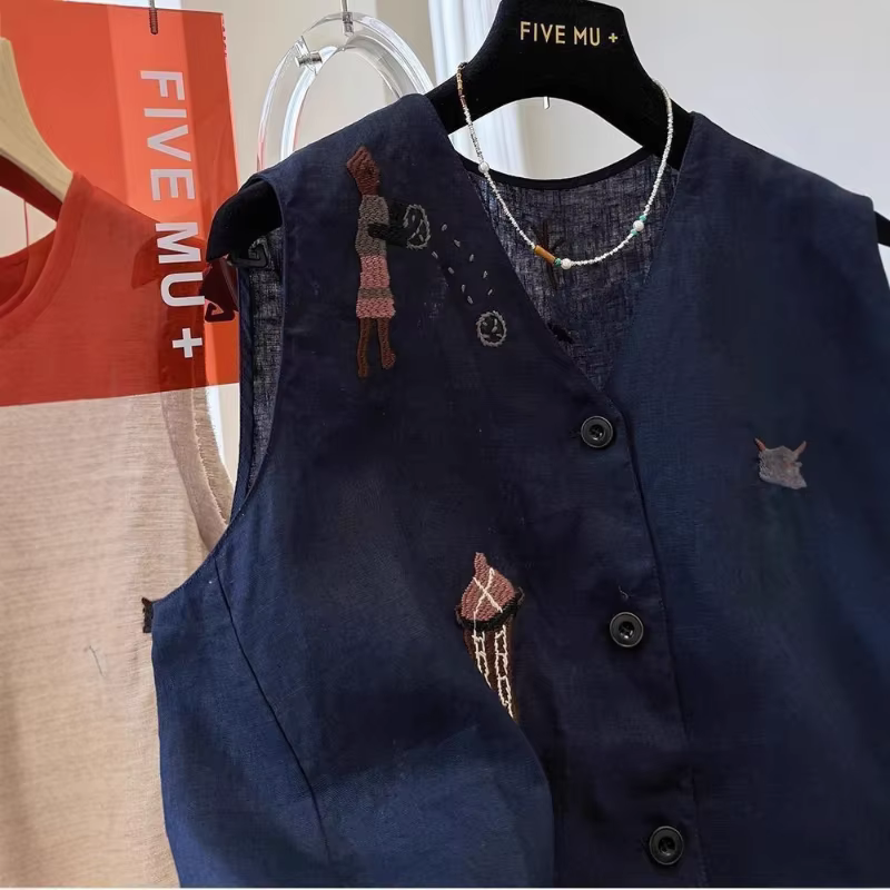 Gilet sans manches en lin brodé motif dessin animé vintage pour femme