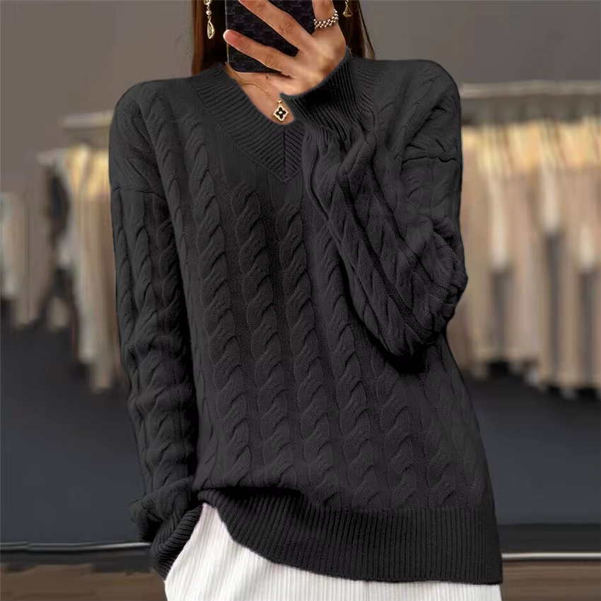 Col en v femmes pull automne hiver nouvelle mode à manches longues tricot