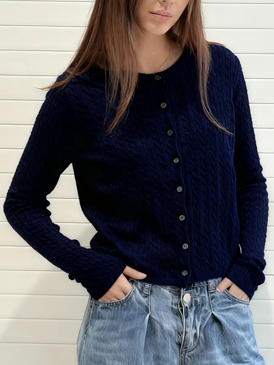 Cardigan en tricot à fleurs torsadées pour femme, style préppy chic, automne-hiver, élégance décontractée, matériau élasthanne-coton, ajustement lâche, boutonnage simple, occassions variées