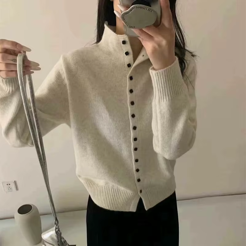 Cardigan boutonné élégant pour femmes, pull tricoté doux, mode coréenne, col roulé, automne hiver