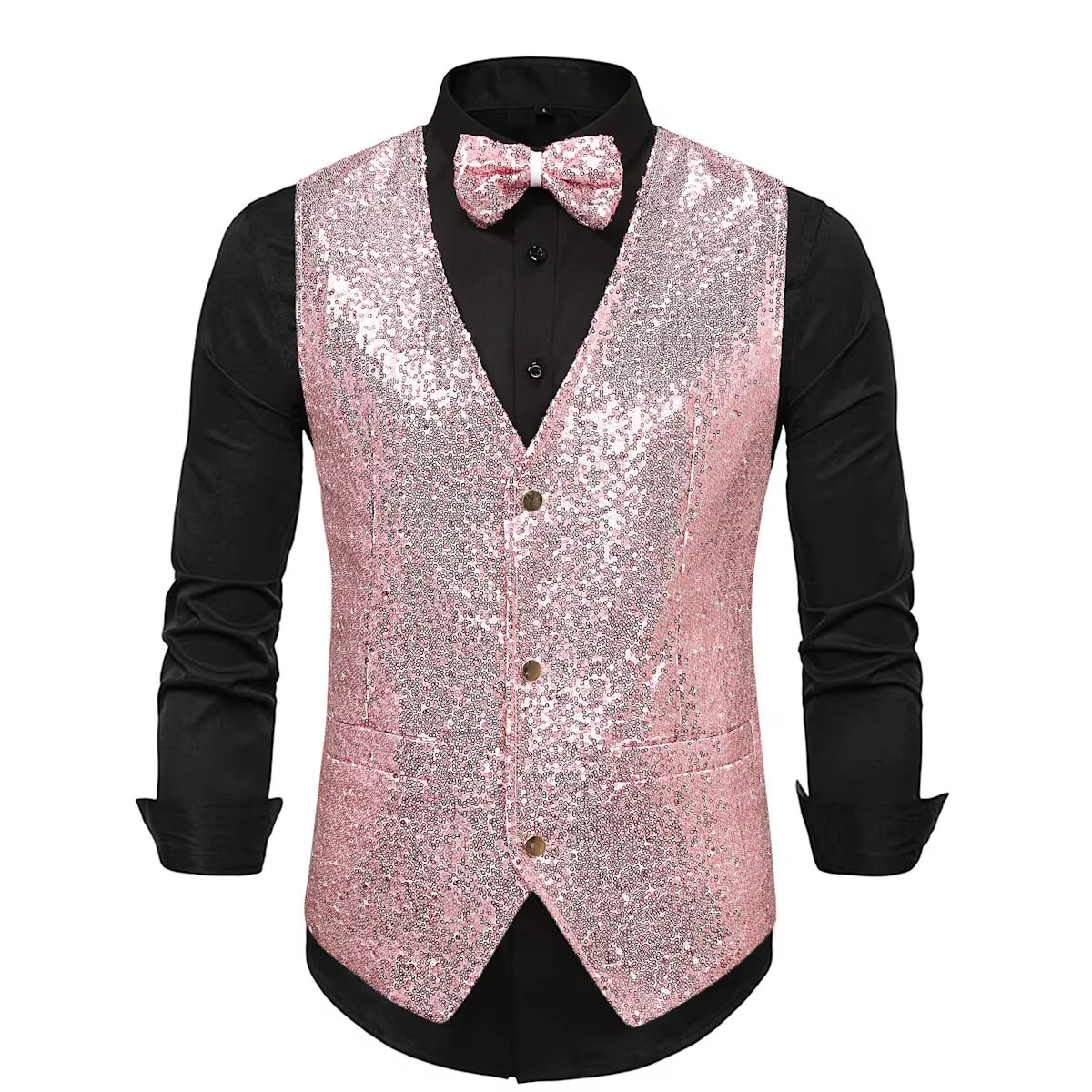 Gilet de luxe pour homme, col en V, coupe ajustée, scintillant, uni, avec nœud papillon, pour mariage, fête, cérémonie, veste sans manches