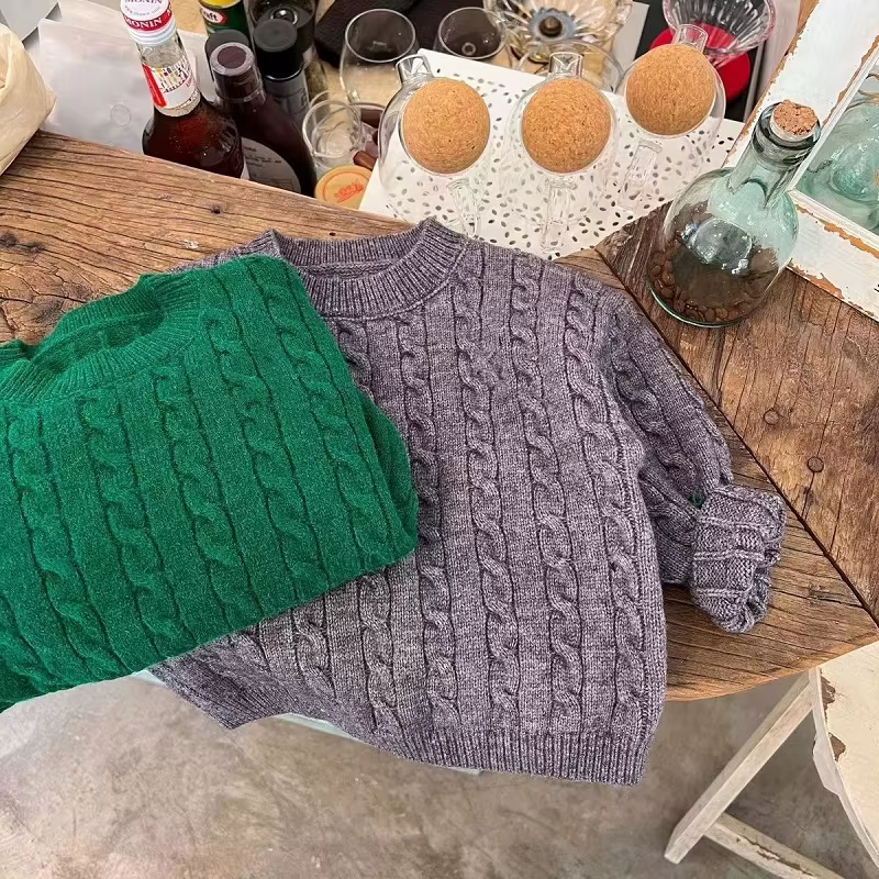 Pull tricoté à rayures torsadées pour bébé garçon et fille, couleur unie, vêtements de printemps et d'automne pour bébé de 2 à 10 ans