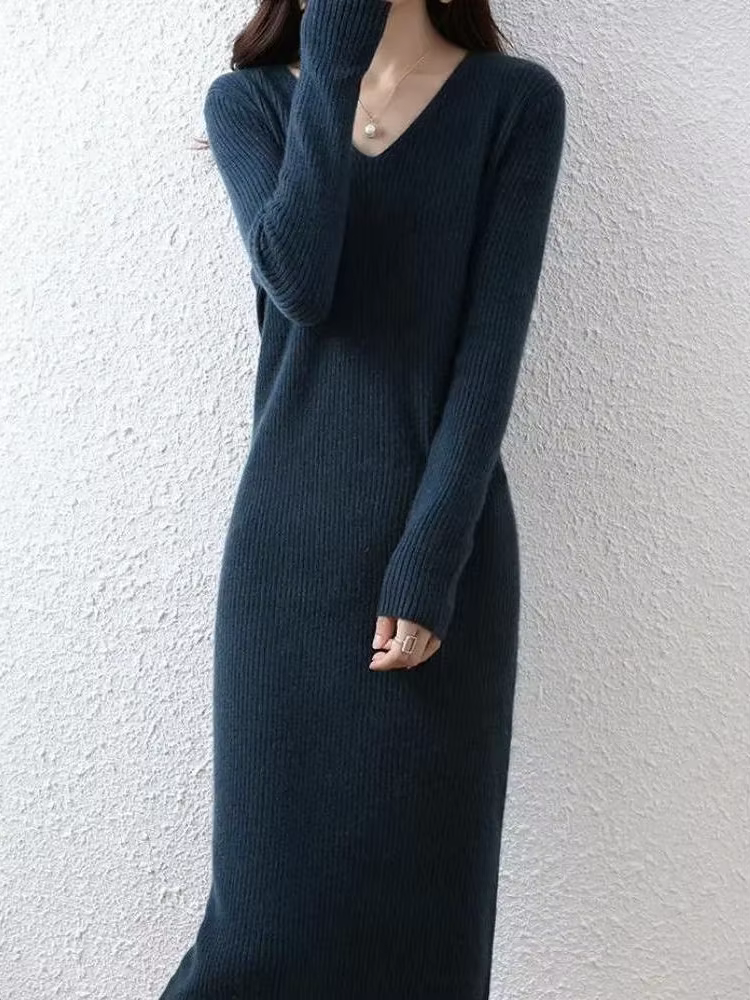 Robes pour femmes col en V Crochet Sexy audacieux femme robe couvrir vêtements Midi moulante longueur au genou solide chaud concepteur tricoté