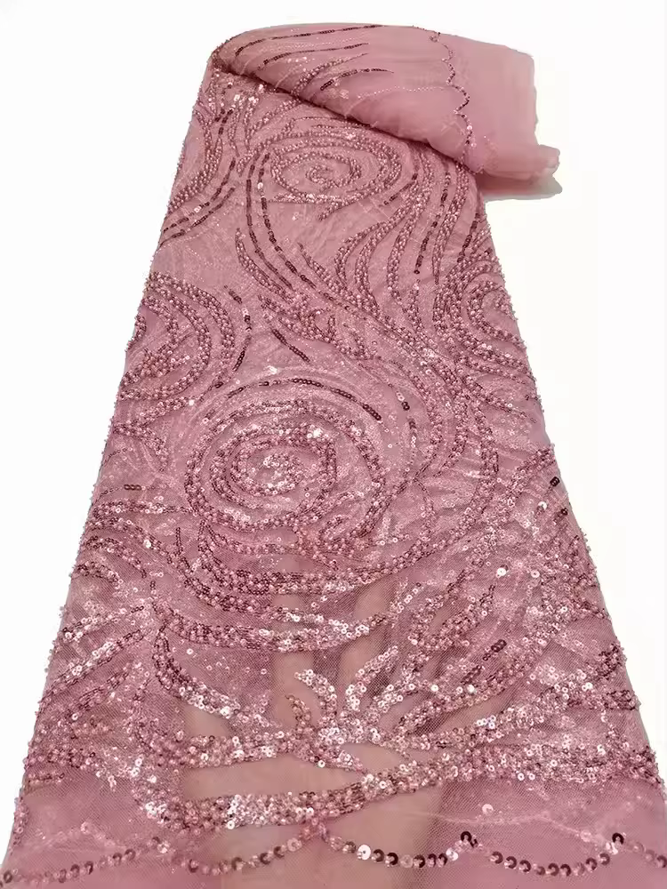 Tissu de maille de dentelle de perle de bulle, tissu brodé de paillettes de tube de perle de vague, nouveau