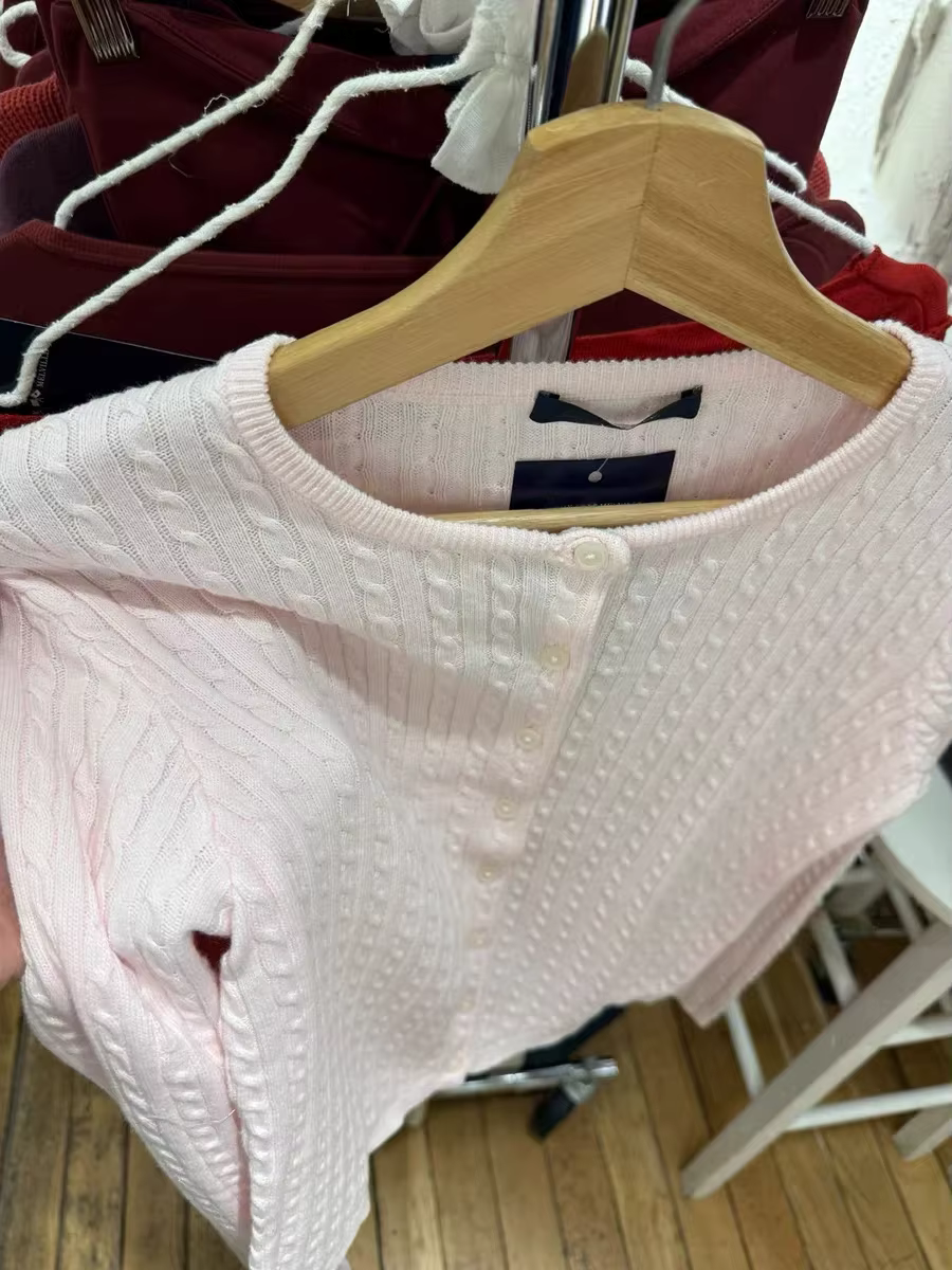 Cardigan tricoté à manches longues en coton torsadé rose pour femmes