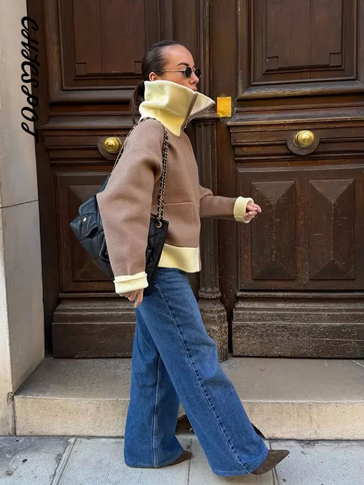 Cardigan zippé en maille à empiècements pour femme