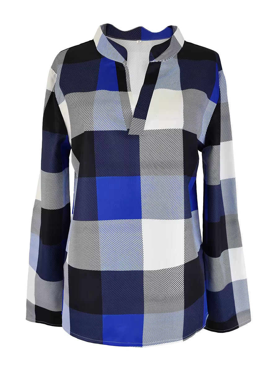 Chemisier à carreaux pour femme, col en V, manches longues, décontracté, ample, style vintage, printemps automne, pull, vêtements féminins