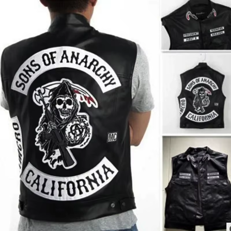 Gilet en cuir pour hommes, Costume de Cosplay de moto, veste sans manches, Sons An broderie Rock Punk, gilet en PU, col en V ukh