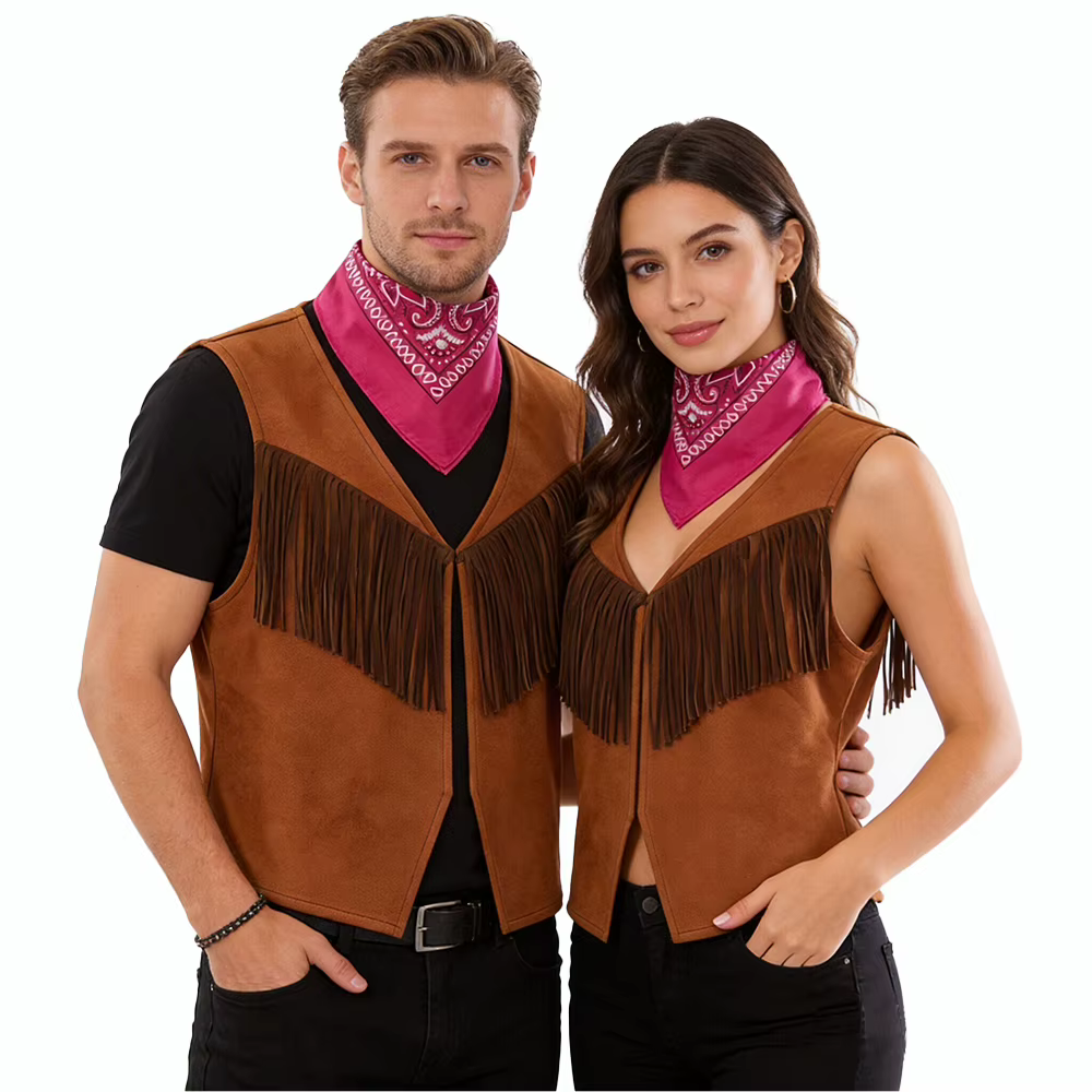 Gilet de cowboy western style hippie années 70, sans manches, ouvert sur le devant, avec écharpe, veste rétro, gilet à franges, costume de cosplay