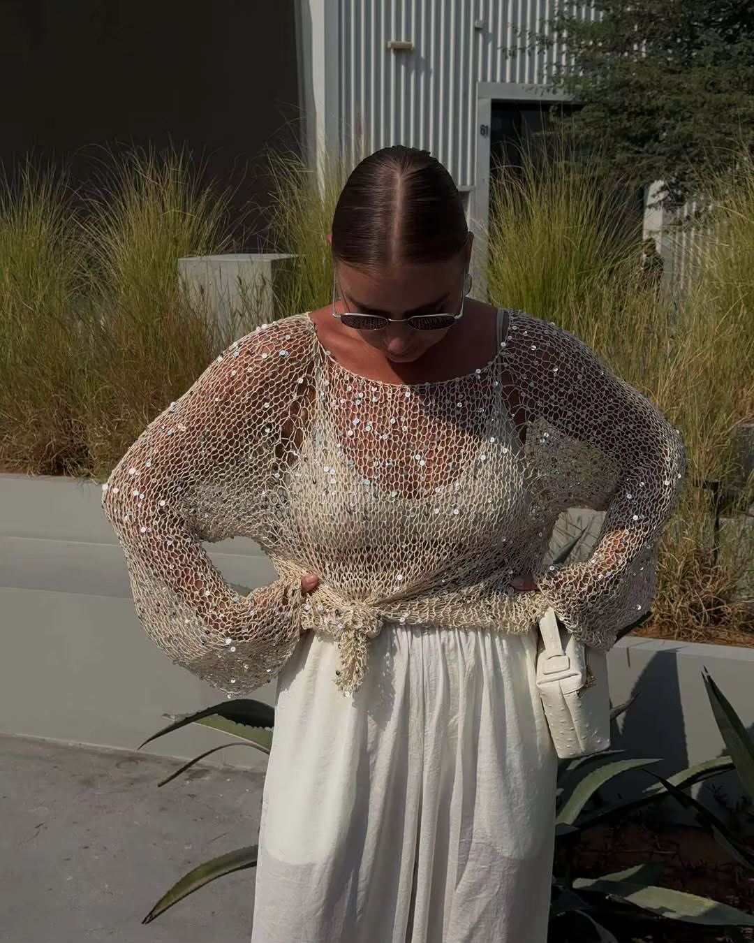 ZAROY femmes paillettes tricot évider pulls décontracté ample à manches longues col rond brillant Crochet couverture