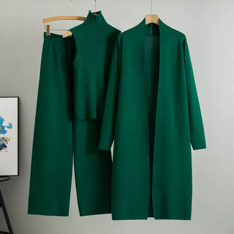 Ensemble de trois pièces cardigan long pour femme, pantalon en tricot, col haut, jambes larges, automne-hiver 2025 pour sorties nocturnes