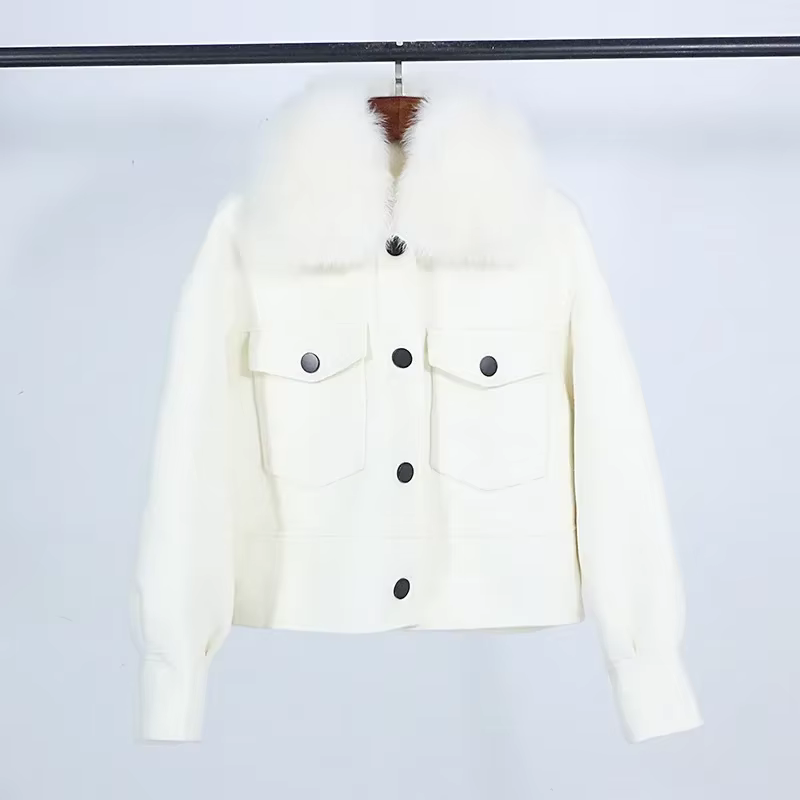 Manteau court décontracté pour femme avec col en fourrure de renard