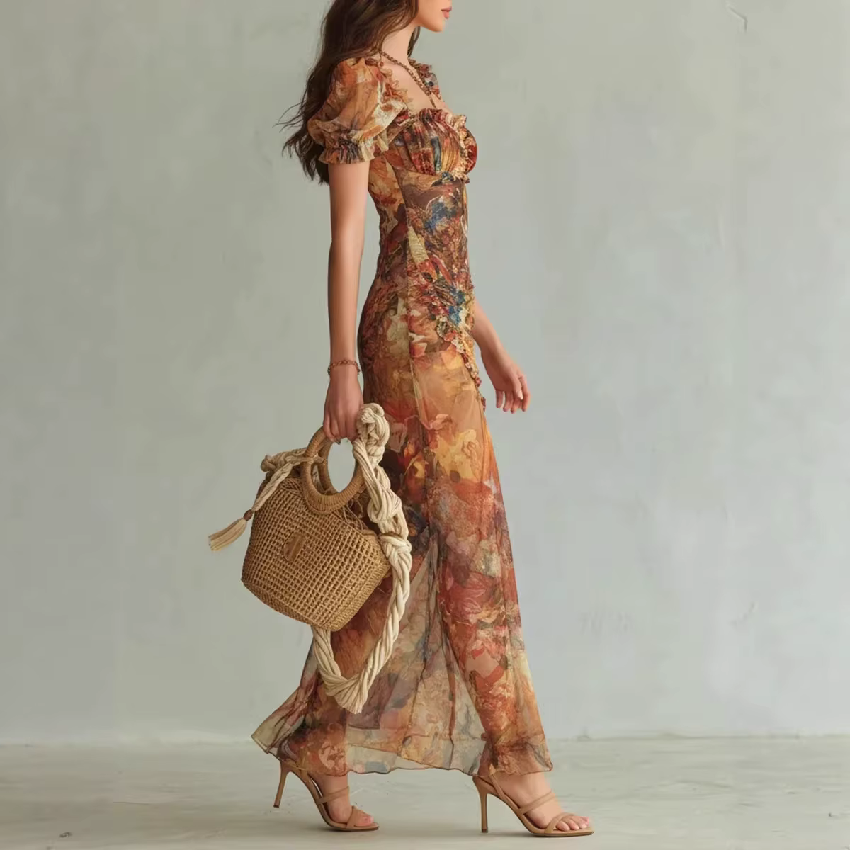 Robe d'été pour femme à col carré, imprimé bohème tendance, taille fendue, dentelle, manches courtes, nouvelle collection, polyvalente et élégante