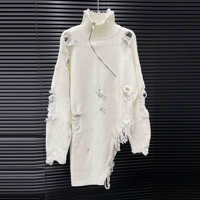 KUCLUT mode automne nouveau col roulé broche trou pull pour les femmes en vrac noir polyvalent irrégulier Niche conception pulls 1A759