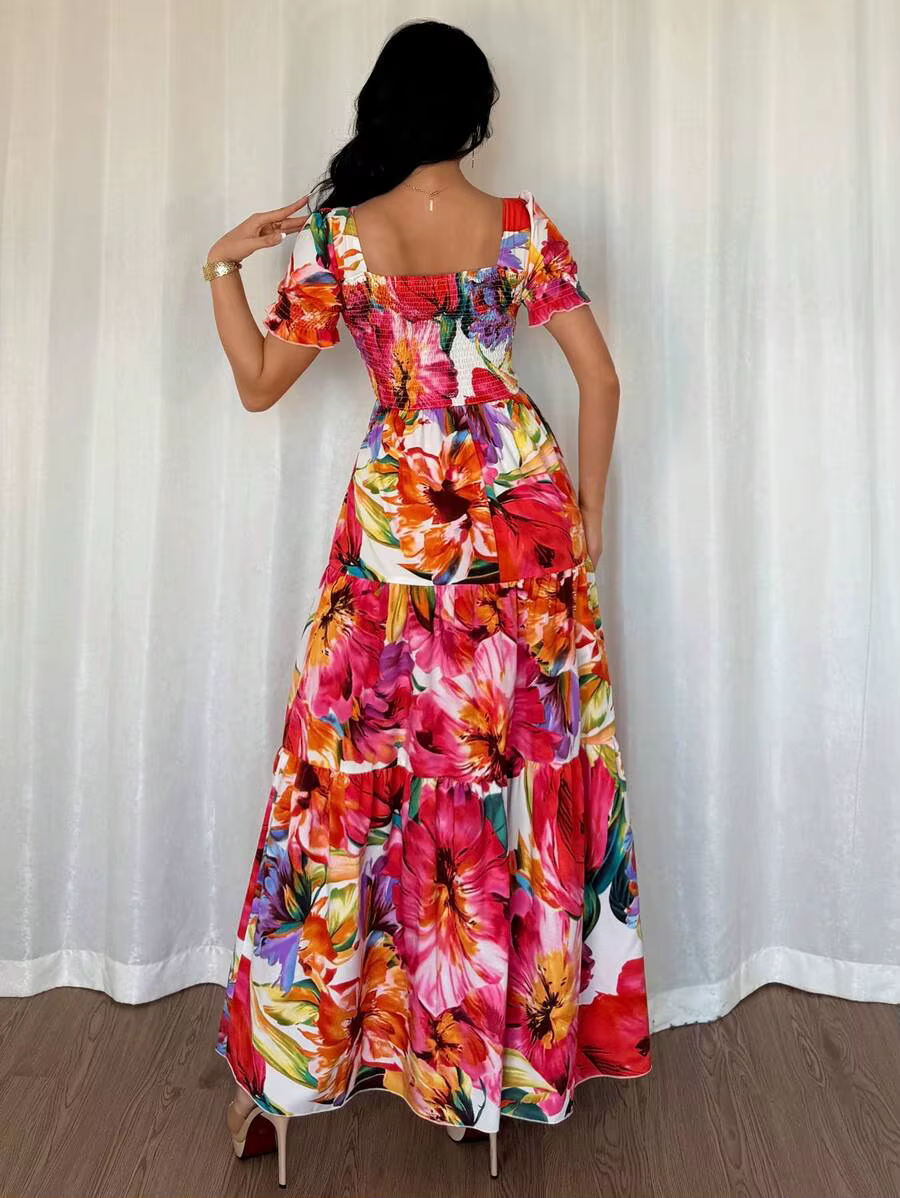 Robe longue maxi à col carré imprimée numériquement rouge, élégante robe d'été pour femmes, idéale pour le quotidien et les rendez-vous romantiques