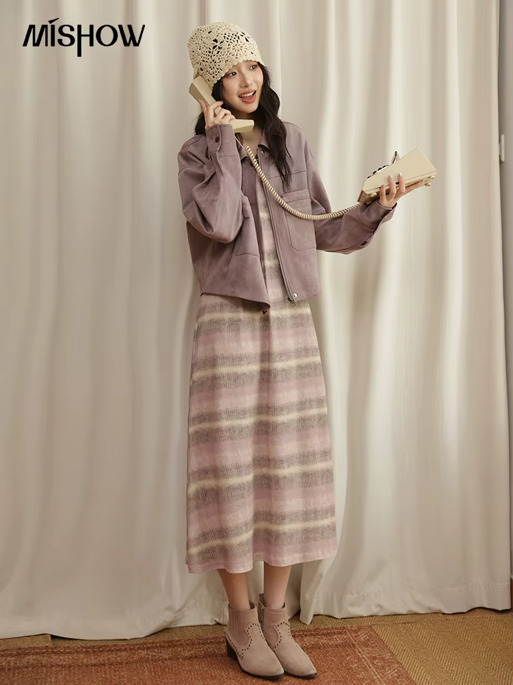 MISHOW rose violet rayé gilet longue robe pour les femmes automne 2025 sans manches a-ligne mince contrasté col rond