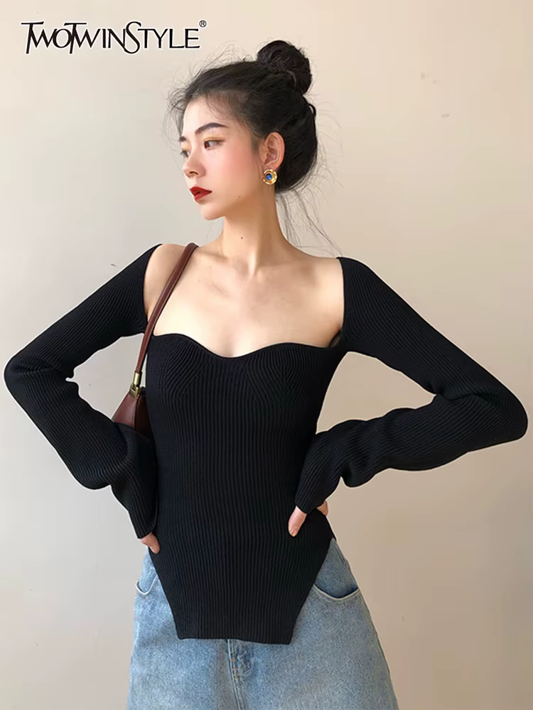 TWOTWINSTYLE – pull tricoté uni à manches longues pour femme