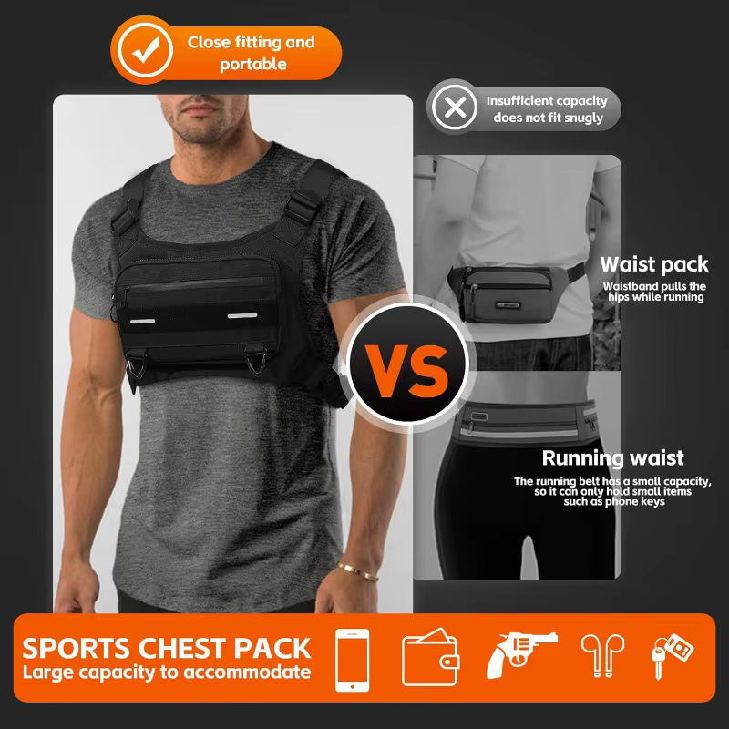 Sac de gilet tactique multifonctionnel, sac de poitrine de course réglable, sac de voyage à la mode pour hommes, gilet de vélo respirant, sac de sport