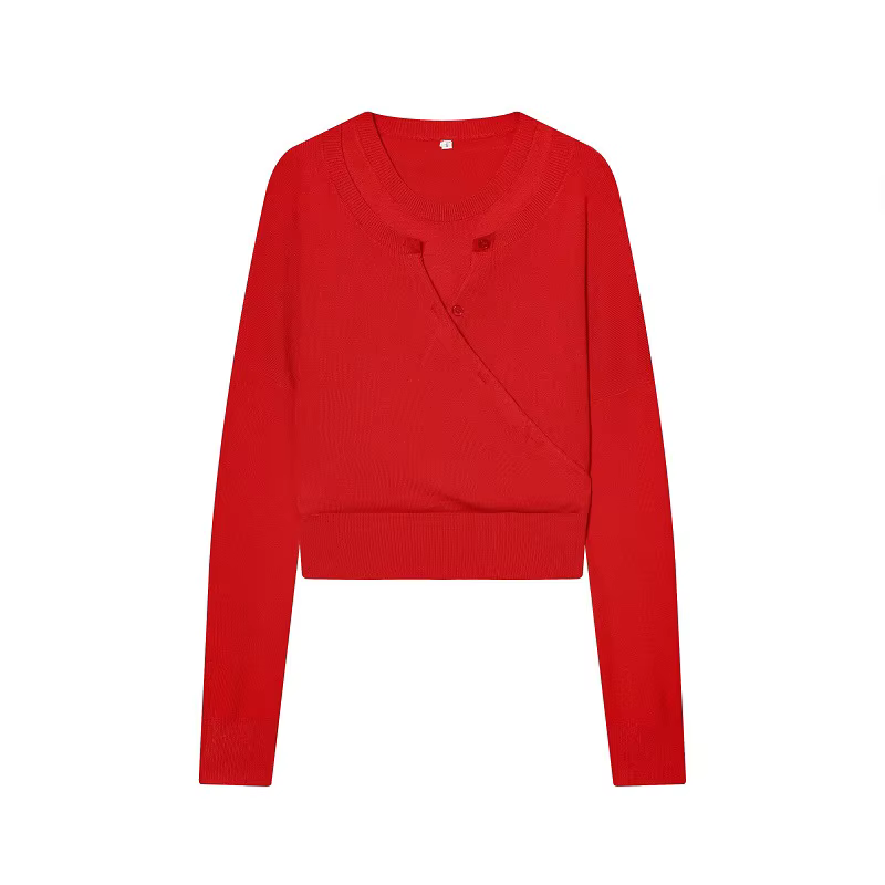 MUJER rouge Cardigan pulls femmes Double couche tricoté pull