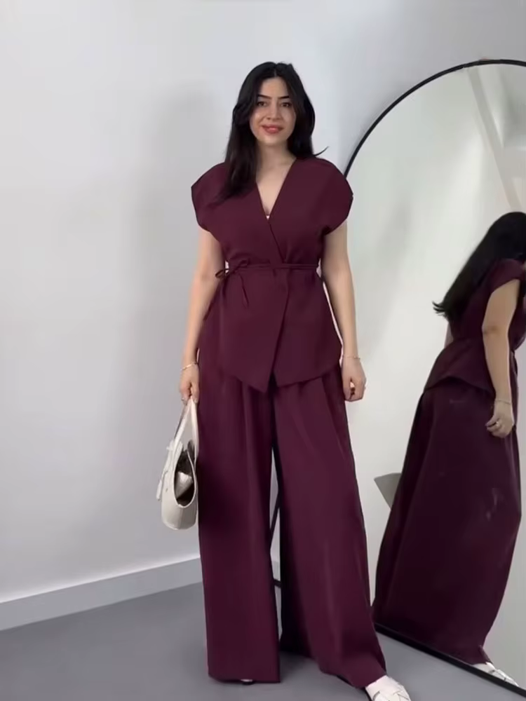HH femmes pantalon costume solide col en v ceinture décorer gilets minces haut + mode taille haute bouton de fermeture éclair décontracté ample jambe large pantalon
